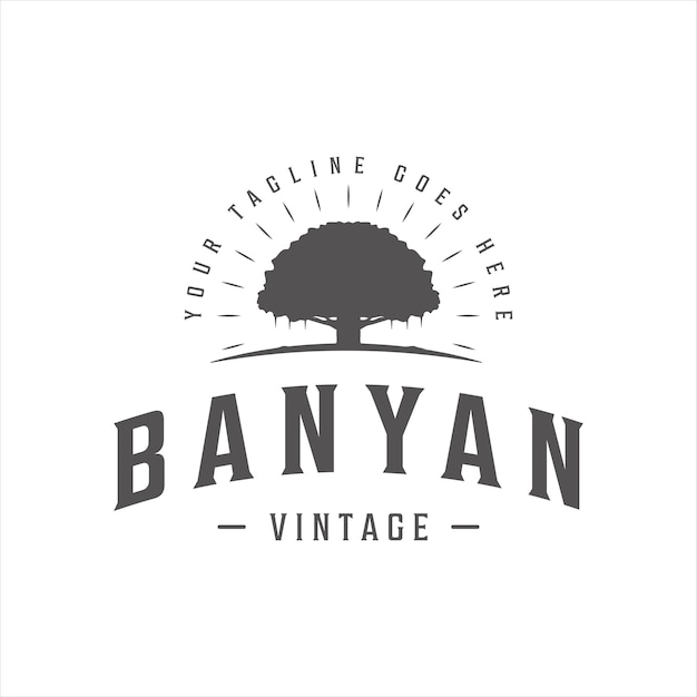 Vetor banyan tree logo ilustração vetorial vintage modelo ícone design com tipografia de estilo retro