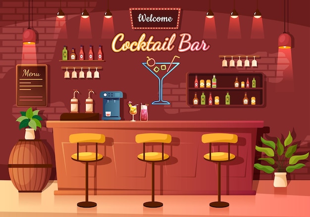 Bar de coquetéis ou boate com bebidas alcoólicas de suco de frutas ou ilustração de coquetéis