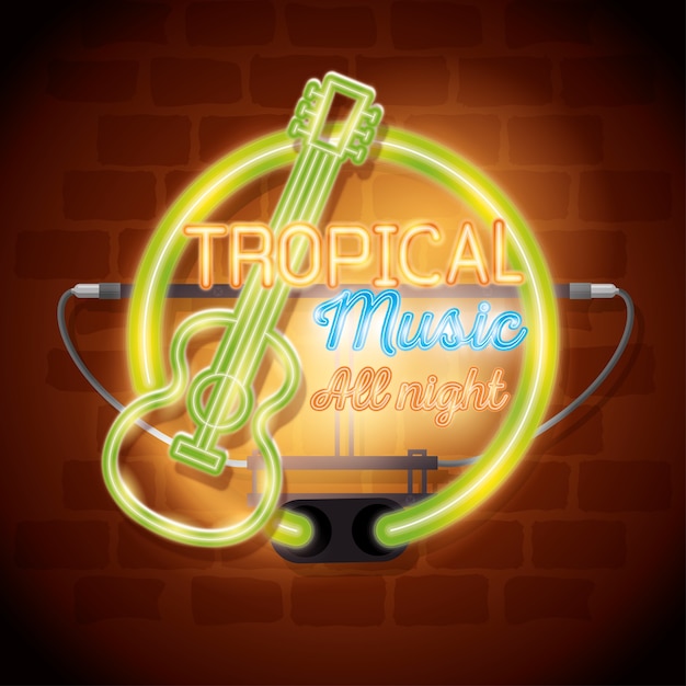 Bar de música tropical néon rótulo vector illustration design