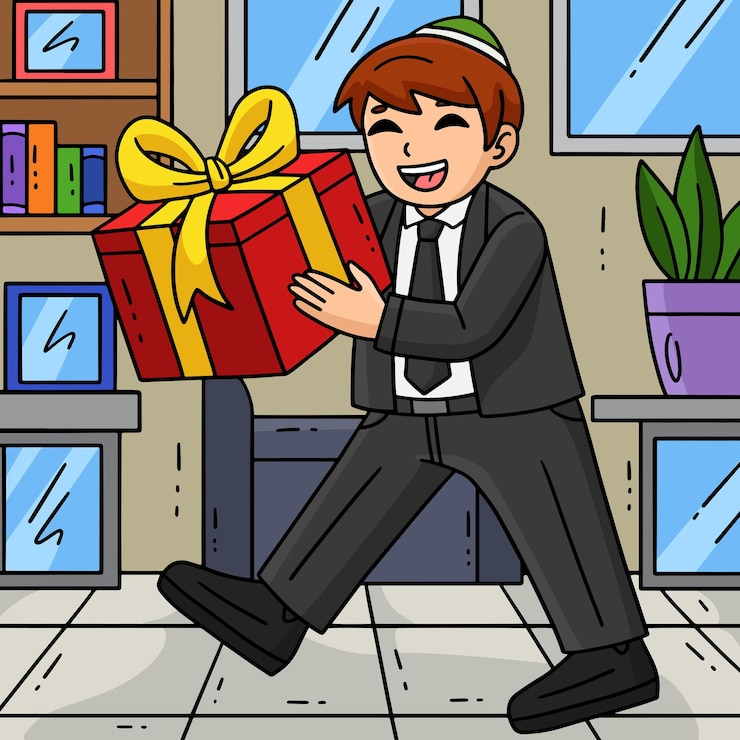 Vetor bar mitzvah boy recebendo um presente desenho animado colorido