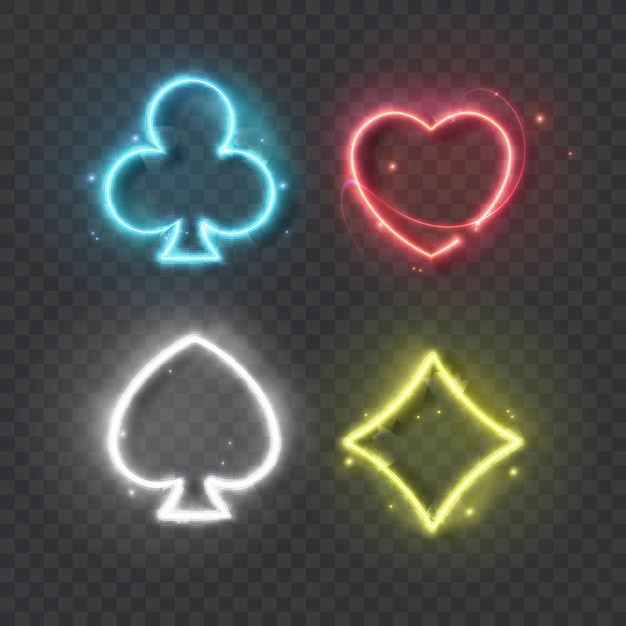 Baralho de cartas de símbolos coloridos de néon para jogar pôquer e cassino em fundo preto