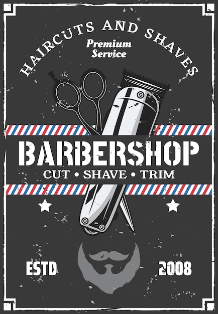 Barba de aparador de cabelo de barbearia e tesoura vector