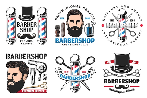 Barbearia assina ícones hipster e ferramentas de corte