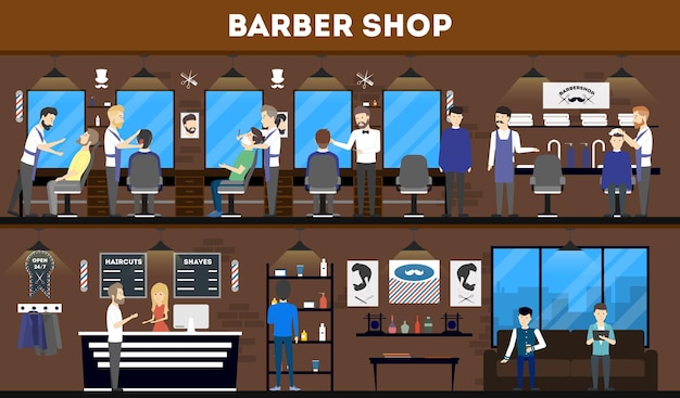 Barbearia interior elegante salão de cabeleireiro ou barbearia cabeleireiro e cliente corte estilo lavagem secador de cabelo