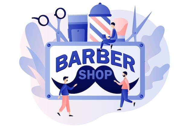 Barbearia pequenos homens e barbeiros cuidam do cabelo e da barba corte de cabelo serviços de aparar e barbear