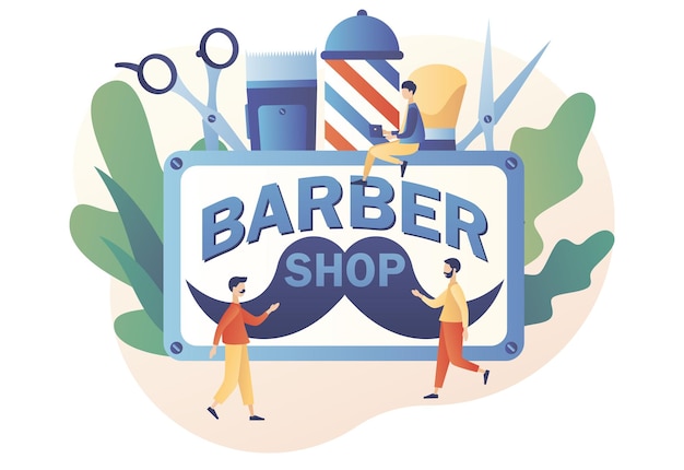 Barbearia Salão de cabeleireiro Pequenos homens e barbeiros cuidam do cabelo e da barba Corte de cabelo aparar a barba