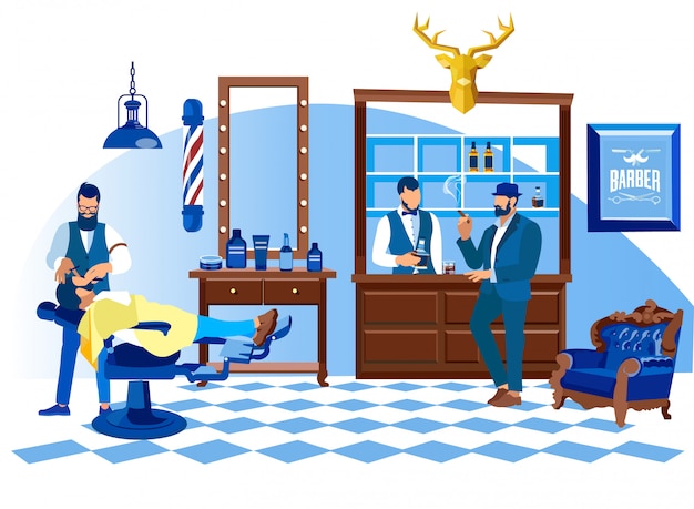Barbeiro barbear o cliente com navalha, salão de beleza