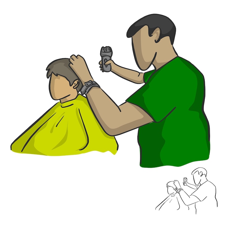 Vetor barbeiro masculino cortando o cabelo de um cliente ilustração vetorial esboço rabisco desenhado à mão com linhas pretas isoladas em fundo branco