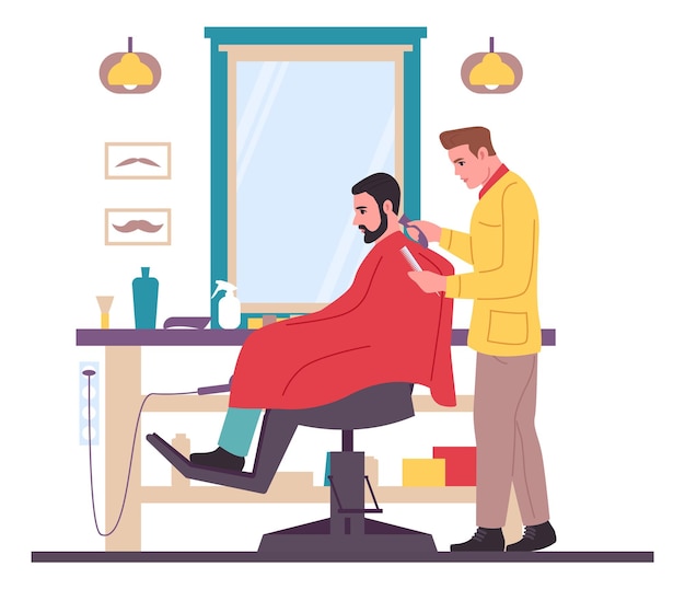 Barbeiros com clientes homens Cabeleireiros dão cortes de cabelo Shampoo e corte Aparar no salão masculino profissional Cabeleireiro barbear o cabelo para o cliente Vector barbearia local de trabalho