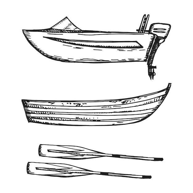 Barco a motor e madeira com ilustração vetorial de remos