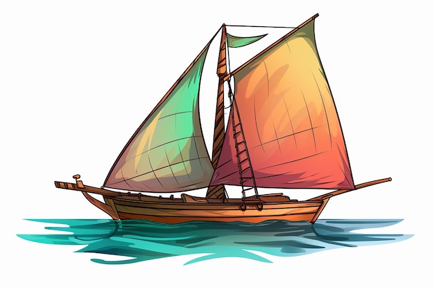 Vetor barco a navegar num oceano calmo com um céu azul e nuvens brancas navio vintage no oceano ou no mar