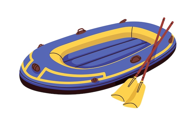 Barco de borracha inflável com remos Barco de remo de transporte aquático com remos Veículo de rafting para lazer de recreação Barco de salvação Ilustração vetorial plana isolada em fundo branco