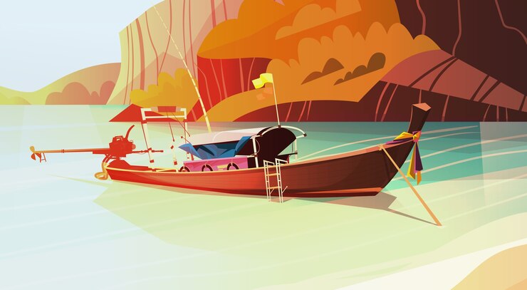 Vetor barco de cauda longa de paisagem de tailândia