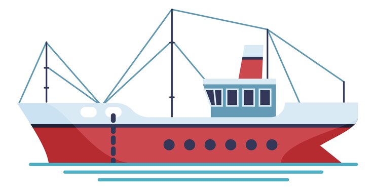 Vetor barco de pesca de ícone de navio de arrasto com rede grande