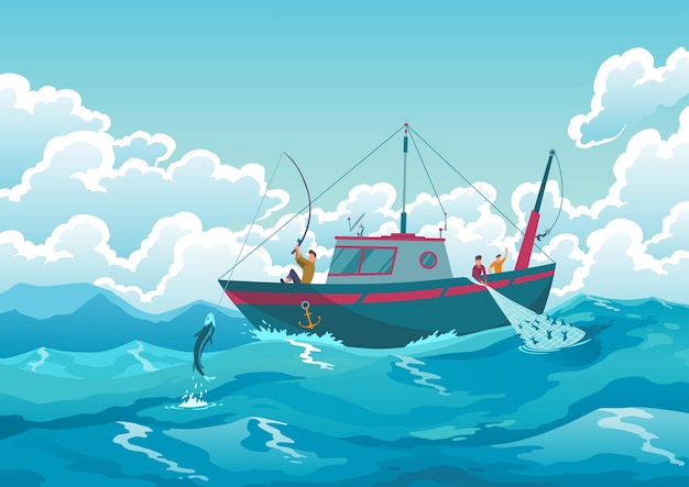 Barco de pesca Navio da indústria de pesca comercial no oceano Banner com embarcação ou barco a motor para a indústria de pesca e personagens de pescadores Paisagem marinha com pescadores em barco de pesca com redes
