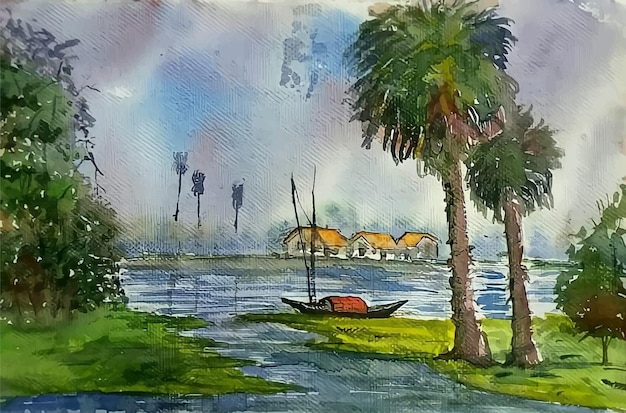 Barco de pintura de aquarela de paisagem desenhada à mão no rio