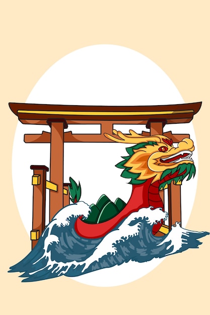 Barco-dragão na ilustração dos desenhos animados de onda