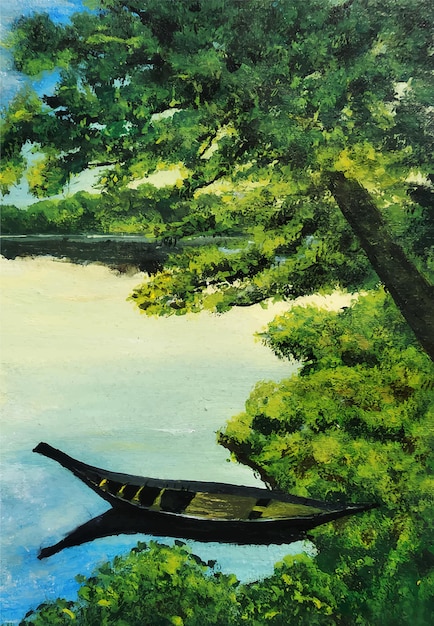 Barco em aquarela pintando dentro do rio com ilustração da natureza