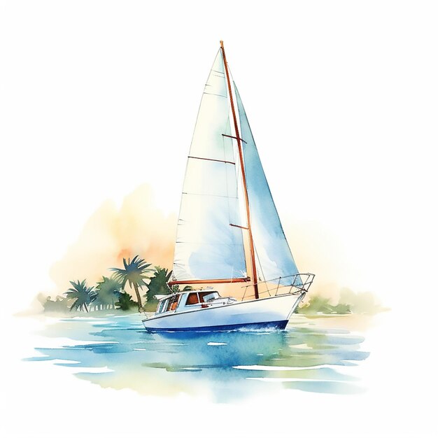 Vetor barco mar iate veleiro barco de vela viagem água aquarela azul navio oceano vento ilustração náutica