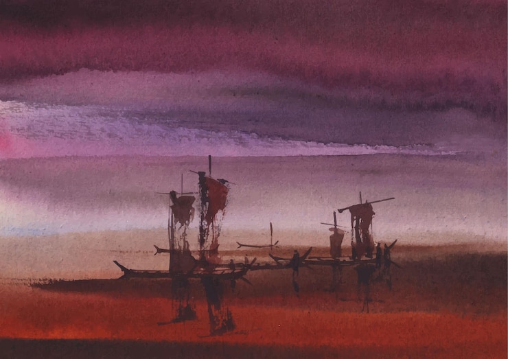 Vetor barcos de aquarela místicos ao lado do rio sob um dramático pôr-do-sol