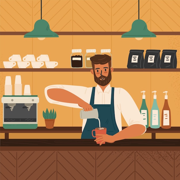 Barista fazendo xícara de café latte ilustração vetorial Interior do café com xícaras de máquina de café grãos de café