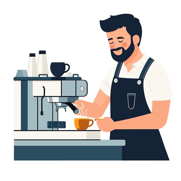 Barista preparando ilustração vetorial de café com máquina de café