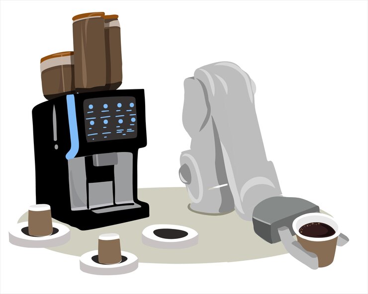 Vetor barista robótico ou braço robótico servindo café. conceito de máquina de café automática.