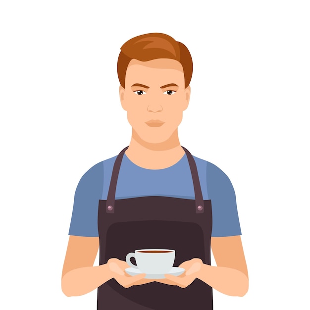 Vetor barista segurando uma xícara de café ilustração em vetor plana isolada no fundo branco