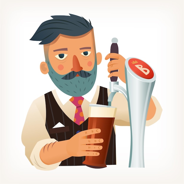 Barman barbudo vestindo camisa branca e colete preto servindo um copo cheio de cerveja vermelha com espuma espumosa