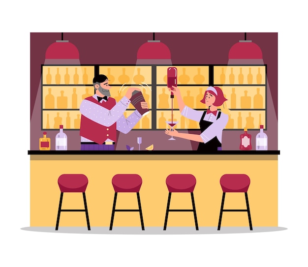 Barman homem e mulher misturando e derramando bebidas em copos atrás do balcão de bar ilustração vetorial plana