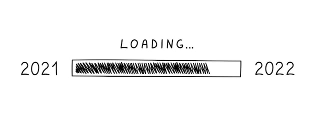 Barra de carga 2022 ano novo em estilo doodle, ilustração vetorial. Barra de progresso de esboço para design de interface do usuário