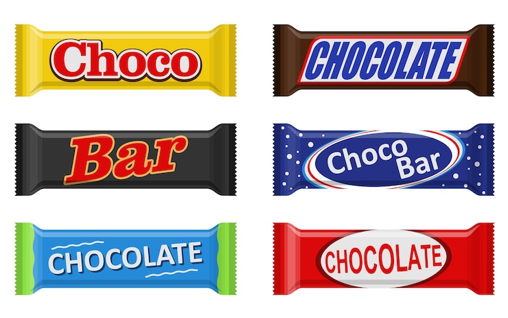 Vetor barra de chocolate da barra de chocolate conjunto isolado no fundo branco. modelos de pacotes de barras de lanches doces. ilustração em vetor sobremesa comida.