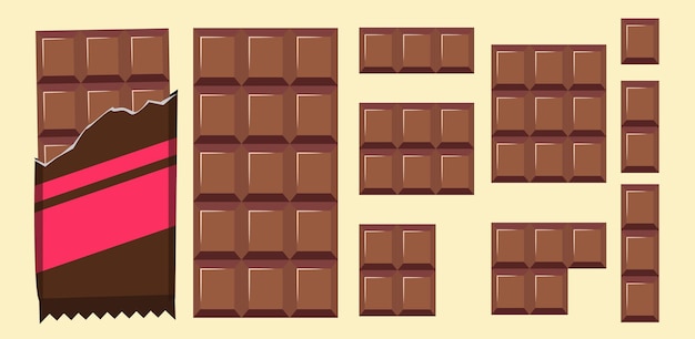 Barra de chocolate e pedaços de chocolate de tamanhos diferentes. pedaços de vetor de estilo simples de chocolate