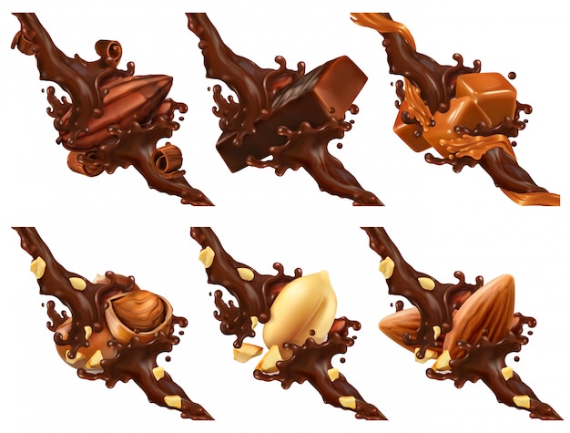 Barra de chocolate, nozes, caramelo, cacau em respingo de chocolate