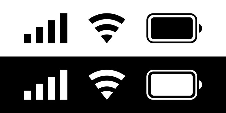 Barra de notificação wifi sinal bateria ícones de interface de usuário conjunto de ícones preto e branco de telefone ui vetor