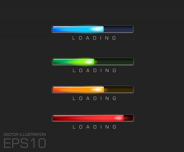 Vetor barra de progresso e carregamento de cores diferentes no arquivo de fundo preto.