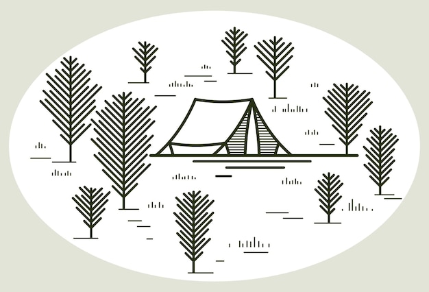 Barraca de acampamento em ilustração linear de vetor de floresta de pinheiros isolada em branco, feriados e férias na arte de linha de madeiras, desenho de desejo de viajar.