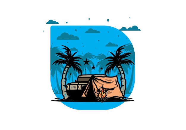 Barraca de acampamento na frente do carro entre ilustração de coqueiro