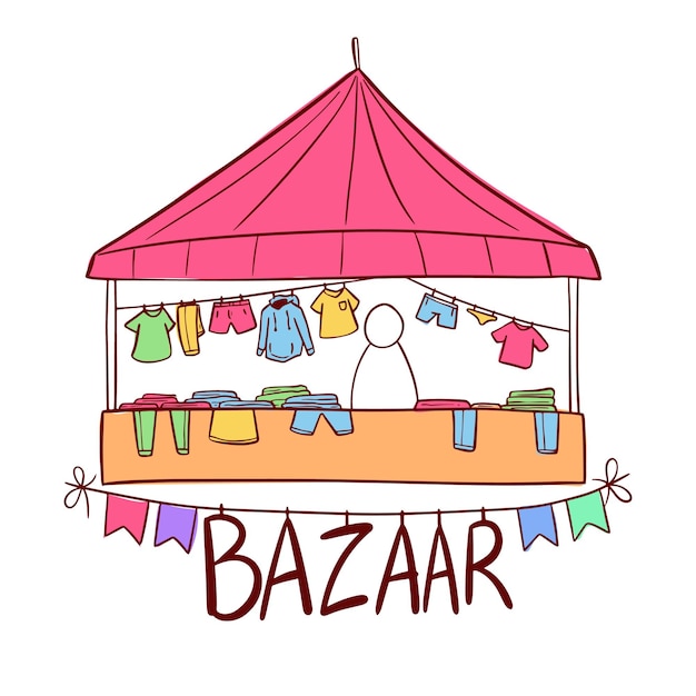 Barraca de bazar com roupas mão desenhando ilustração de bazar