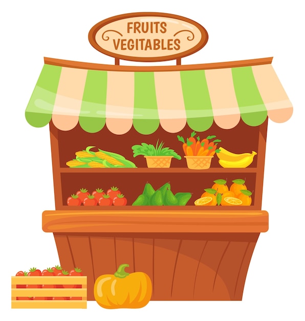 Vetor barraca de frutas e legumes balcão do mercado de alimentos frescos