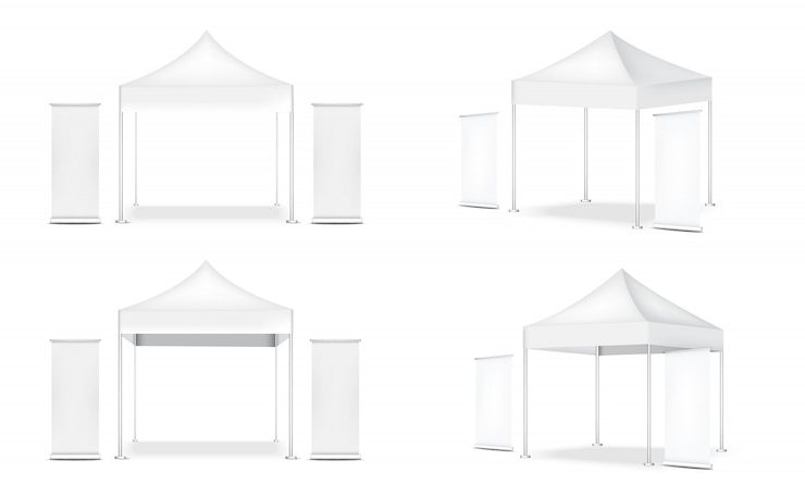 Vetor barraca pop realista de exibição de barraca 3d e arregaçar. banner para venda marketing promoção exposição ilustração