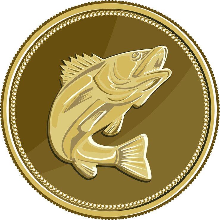 Vetor barramundi moeda de ouro retro