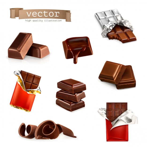 Vetor barras de chocolate e peças, conjunto