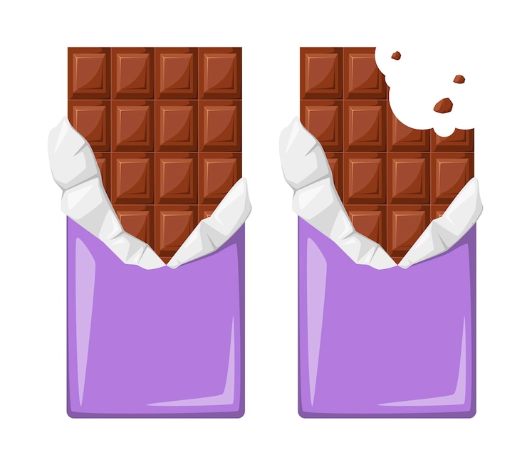 Vetor barras de chocolate em um fundo branco. chocolate mordido em um invólucro.
