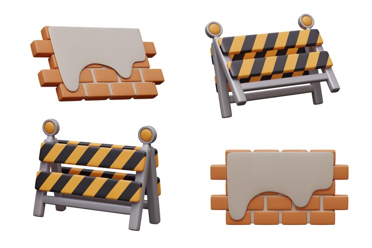 Barreira de construção de parede de tijolos meio rebocada Objetos vetoriais em estilo 3D
