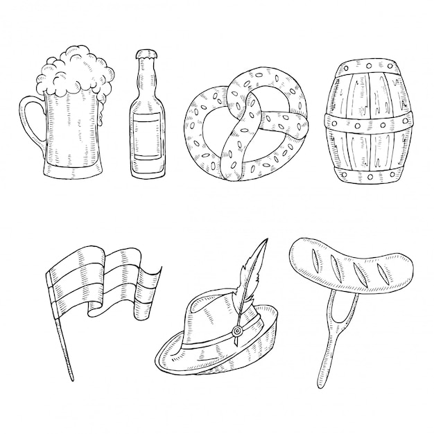 Barril de mão desenhada, vidro, garrafa, pretzel, salsicha, bandeira alemã no estilo de desenho.