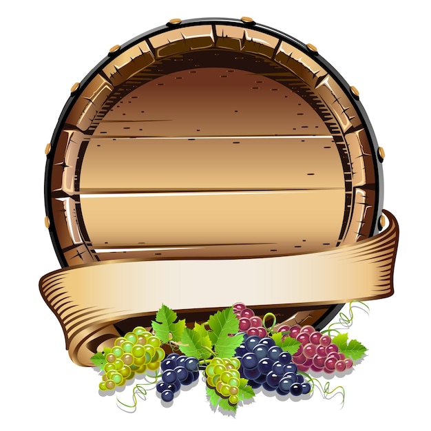 Barril de vinho e cachos de uvas