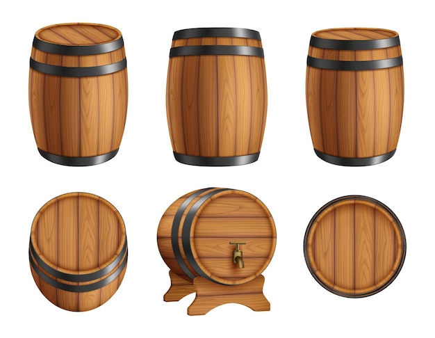 Vetor barris de álcool. vista frontal e superior de barris de madeira com conjunto de ilustração realista de vetor decente de recipientes de bar de rum. barril e barril, barril para cerveja com álcool de vinho