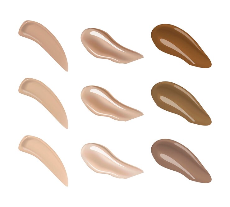 Base líquida de maquiagem fluida ou manchas de corretivo de maquiagem. Amostras de paleta de cores e tonalidades