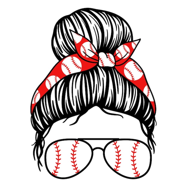 Vetor baseball mom rosto feminino com óculos de aviador bandana e estampa de beisebol messy bun mom lifestyle